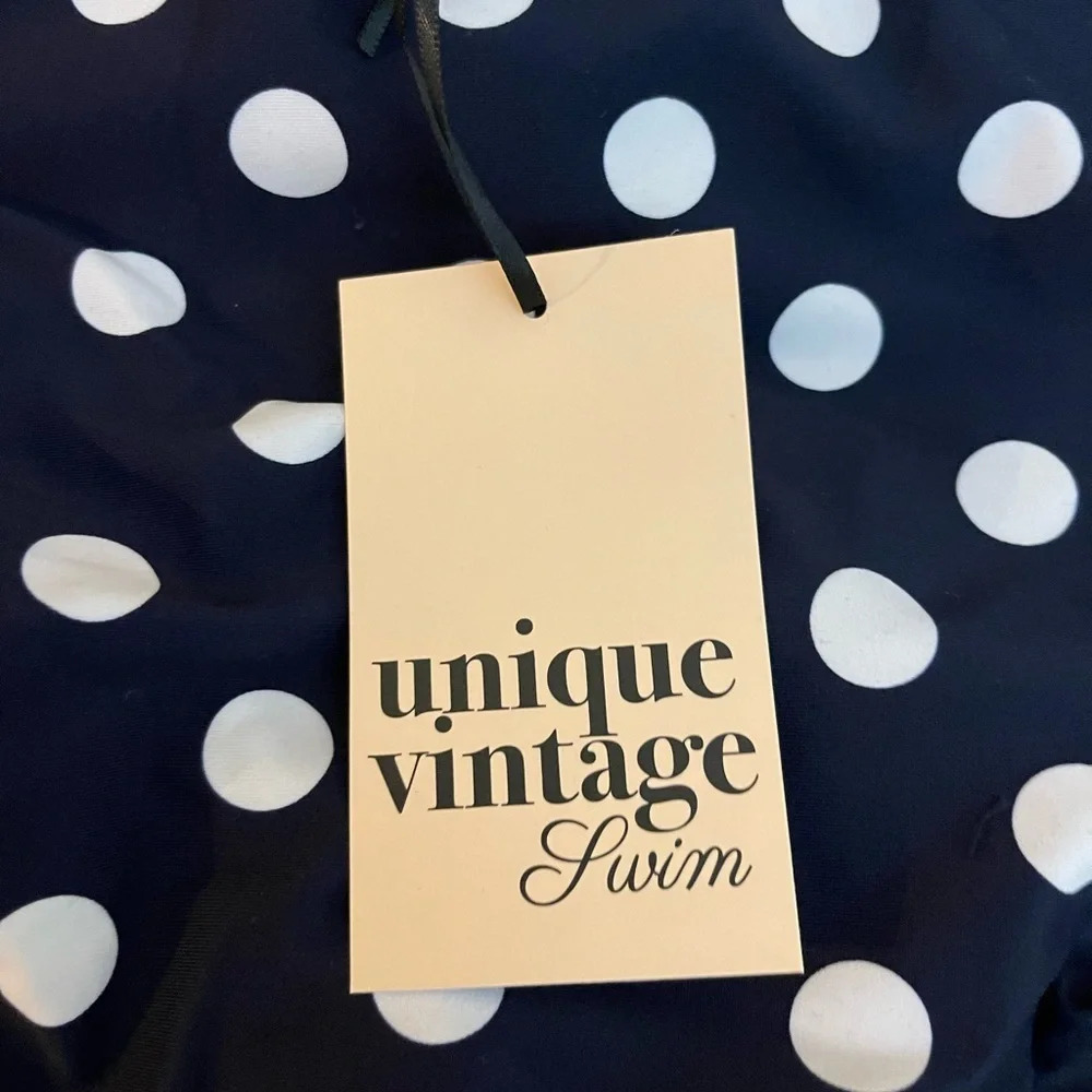 Unique Vintage Navy & White Polka Dot Corinne Halter Sheath Swimsuit,Medium, NWT - Picture 9 of 12